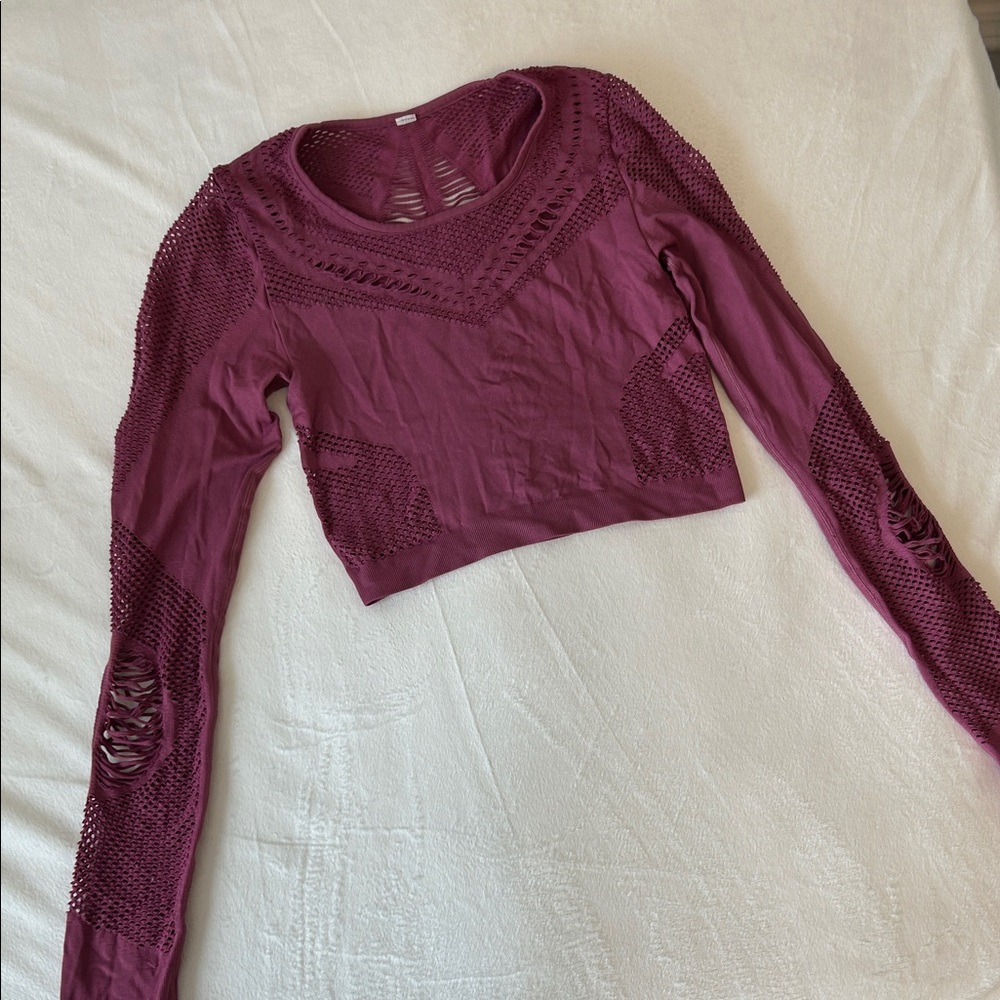 ALO Yoga Plum Crochet-Detail Mesh Long Sleeve Siren Crop Top S
